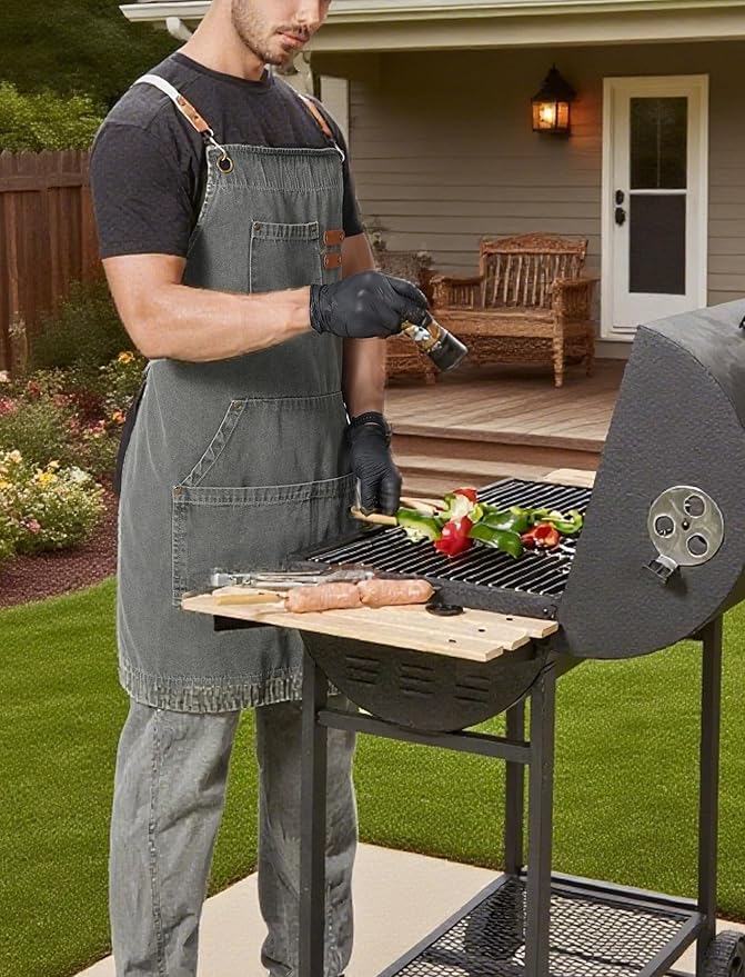 Denim Bbq Apron for Men Women with Pockets Adjustable Cross Back Chef Aprons for Kitchen Cooking Grilling Working