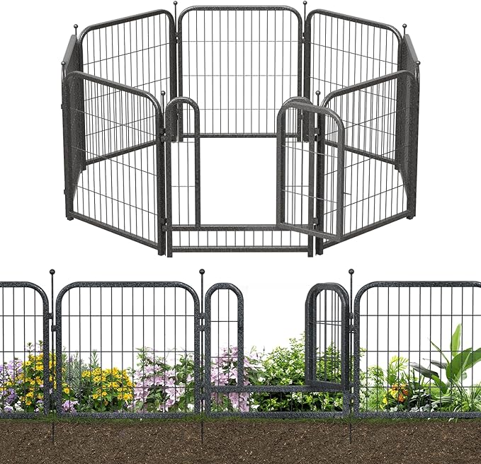Decorative Garden Metal Fence 18ft (L)×32in (H) with 7 Panels 1Gate Outdoor, No Dig Rustproof Wire, Animal Barrier Fencing for Outdoor Yard Patio Flower Bed,（Black-Silver）