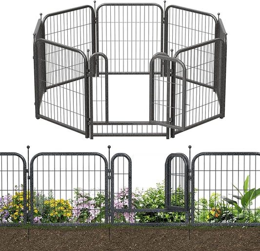 Decorative Garden Metal Fence 18ft (L)×32in (H) with 7 Panels 1Gate Outdoor, No Dig Rustproof Wire, Animal Barrier Fencing for Outdoor Yard Patio Flower Bed,（Black-Silver）