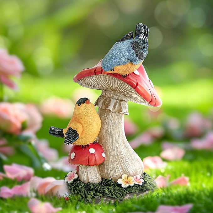 Leekung Bird Garden Statue for Outdoor Decorations,Bird Figurines Mushroom Statue for Garden Decor,Birds Decoration for Patio Yard Lawn Home Shelf Decor Accent,Birds Gifts for Mom