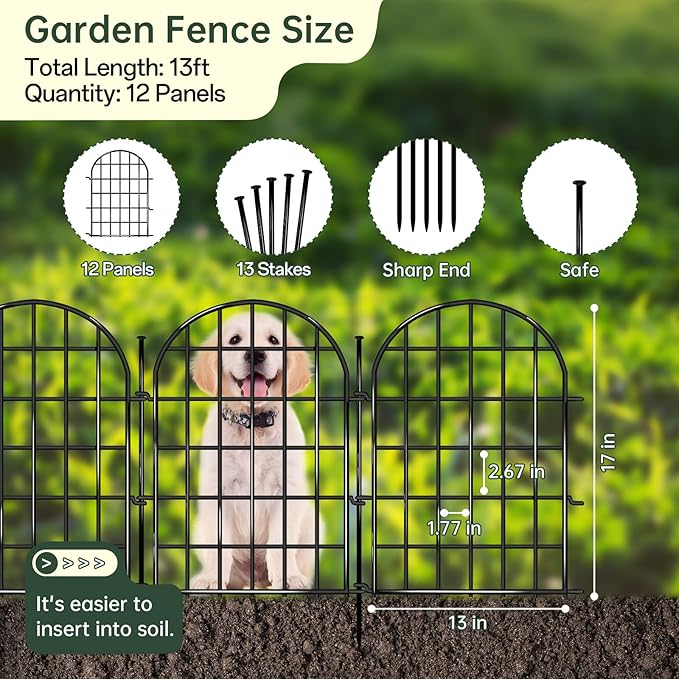 12 Panels Garden Fence, 13.8 ft(L) x 17 in(H) Arched No Dig Fence, Decorative Animal Barrier Fencing with Ground Stake, Rustproof Metal Garden Edging Border for Dog, Rabbit, Outdoor Yard Patio Decor