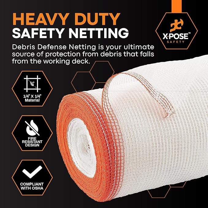 Xpose Safety Construction Safety Debris Netting - 150 Ft Temporary Material Roll, 1/16" Mesh Scaffold Net Enclosure, Visibility Barrier, Fencing Roll, Heavy Duty Fire Retardant 8.5 ft x 150 ft, White