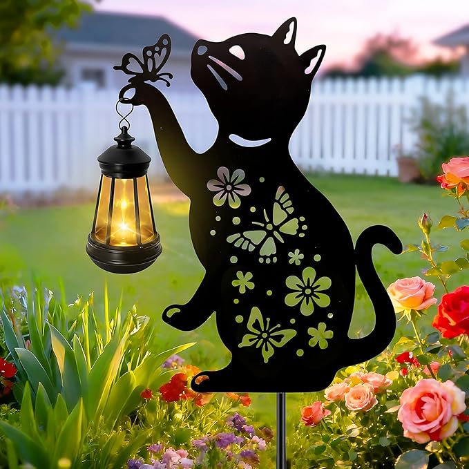 ANGMLN Cat Outdoor Solar Lantern Waterproof, Birthday Gifts for Christmas Women Mom, Solar Hanging Lights with Butterfly, Black Cat Metal Figurine Garden Decor Patio Yard Pathway Backyard Ornaments