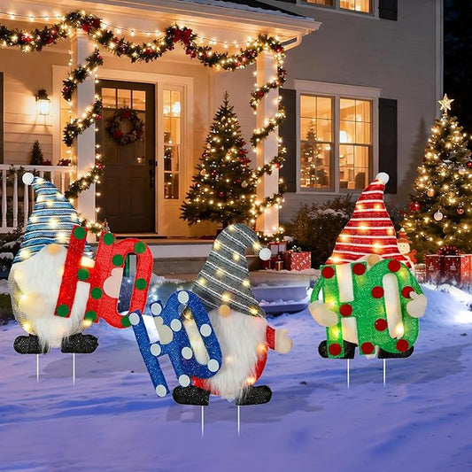 Lighted Christmas Gnome Outdoor Stakes 3D Glittered Gnomes with HOHOHO Lighted Up Yard Stakes Outdoor Christmas Decoration for Lawn Yard Garden