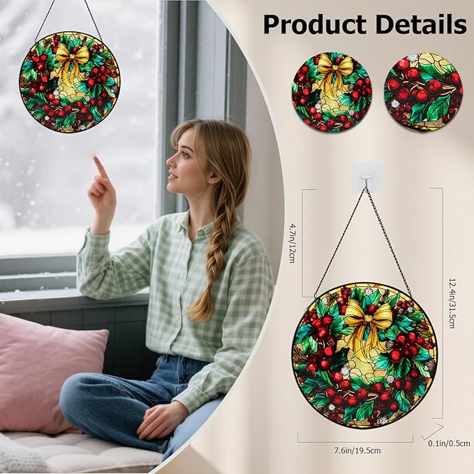 Stained Glass Window Hanging, Christmas Festive Holly and Red Berries Suncatcher for Doors Home Sun Catchers Decoration and Christmas, Mother's Day Birthday Gifts for Women, Men, and Mom (8 Inch)
