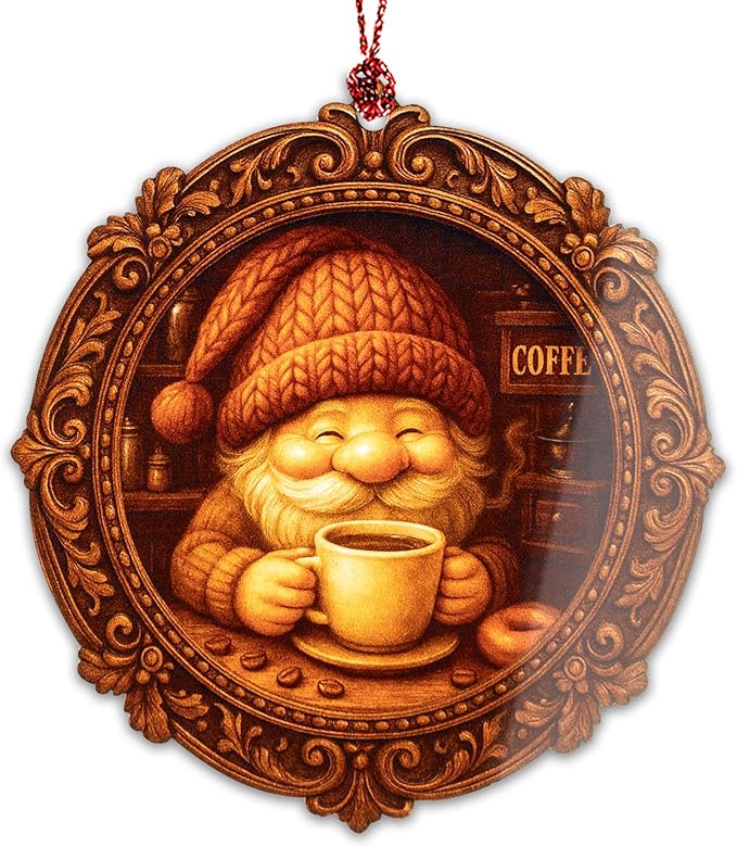 Coffee Ornament – Gnome Decor – Barista Gift – Coffee Lover Christmas Ornament – Holiday Card – Suncatcher Effect Stained Glass Window Hanging – Car Hanging