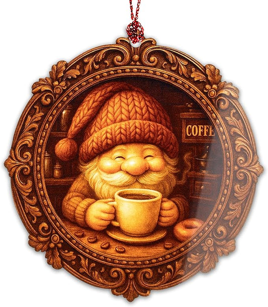Coffee Ornament – Gnome Decor – Barista Gift – Coffee Lover Christmas Ornament – Holiday Card – Suncatcher Effect Stained Glass Window Hanging – Car Hanging