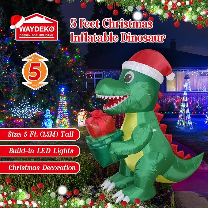 Christmas Inflatables Dinosaur Lighted Yard Lawn Inflatable Decoration with Built-in Fan and Stakes Ropes Holiday Party Decor, Christmas Decor (5FT- Dinosaur Holds Giftbox)