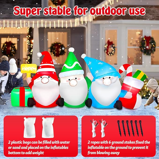 6 FT Long Christmas Inflatable Outdoor Decoration Gnomes with Gift Box & Socks, Funny Merry Xmas Figures Winter Blow Up Yard Decorations Plug in LED Light Up Vacation Outside Front Lawn Garden Decor