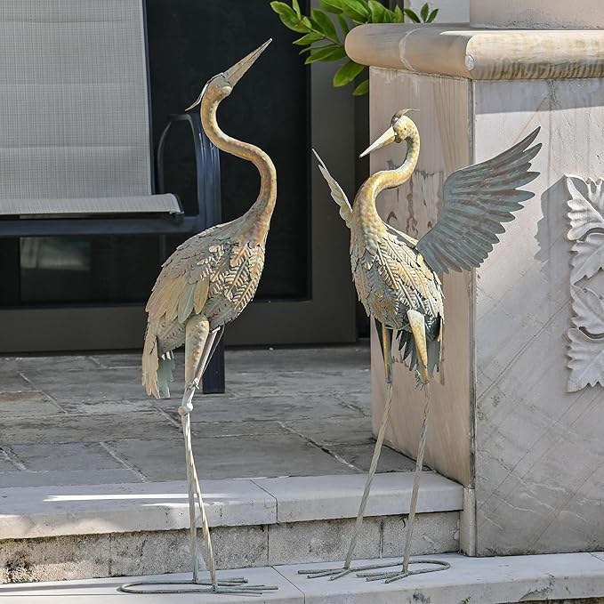 TERESA'S COLLECTIONS Garden Decor, Set of 2 Cranes Garden Decor, 33-39", Elegant Cranes with Golden Painting, Waterproof Metal Garden Statue, Herons Gifts Birthday Gifts for Women Mom