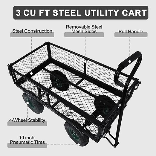 Elevon Heavy Duty Utility Wagon Cart, Black with Removable Mesh Sides, 400 LBS Capacity for Home Improvement, Hauling Supplies & Outdoor Use