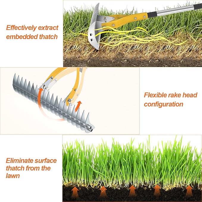 TOOVEM Thatch Rake, 15-inch Lawn Thatching Rake with Heavy Duty Steel Tines & Ergonomic Handle, 70-Inch Professional Dethatching Rakes for Effective Lawn Care, Garden & Yard Tool