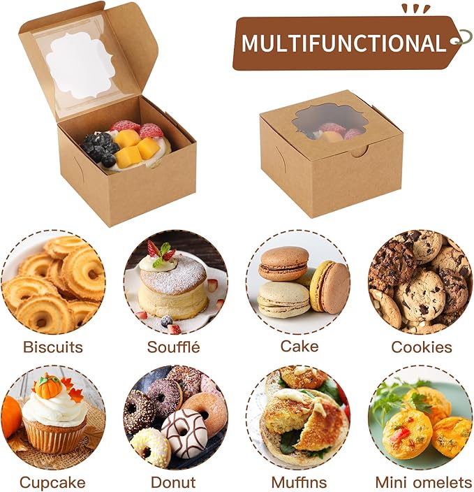 TOMNK 100pcs 4x4x2.5 Small Cookie Boxes, Mini Dessert Boxes with Window for Cupcakes, Macarons, Chocolate,Strawberries, Muffins(Kraft Paper)