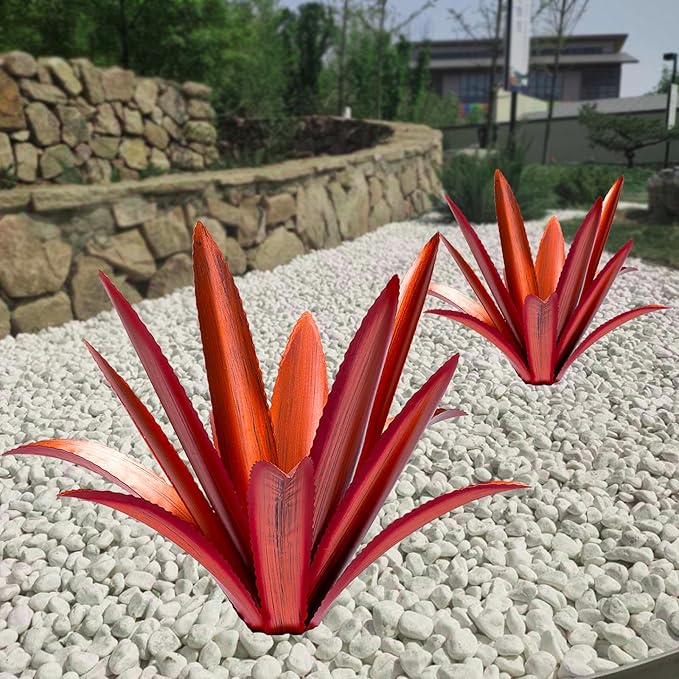 Large Tequila Rustic Sculpture, Rustic Metal Agave Plants for Outdoor Patio Yard Mexican Plant Garden， Agave Outdoor Lawn Ornaments Yard Stakes (Red 2pc)
