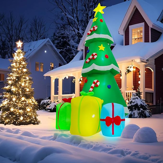 9FT Christmas Inflatables Tree Outdoor Decoration, Indoor Gift Boxes Lighted Party Decoration, Blow Up Decor with Built-in LED Lights Suitable for Lawn/Yard/Garden/Porch