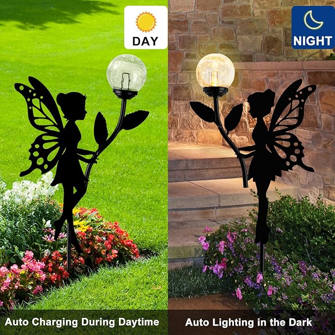 Ouddy Decor 2 Pack Solar Fairy Garden Decor, Metal Statues with Crackle Glass Globe Lights Silhouette Waterproof for Outdoor Lawn Patio Yard Pathway Home Christmas Decorations Gardening Gifts