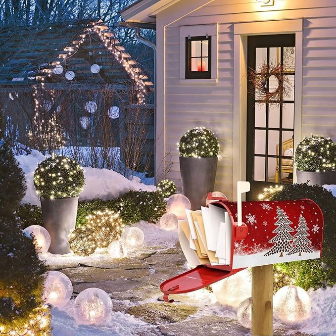 Merry Christmas Winter Pine Tree Mailbox Covers, Xmas Snowflake 25.1" Lx 21" W Magnetic Mailbox Covers, Mailbox Wrap Post Letter Box Cover Mailbox Post Cover for Outdoor Decor