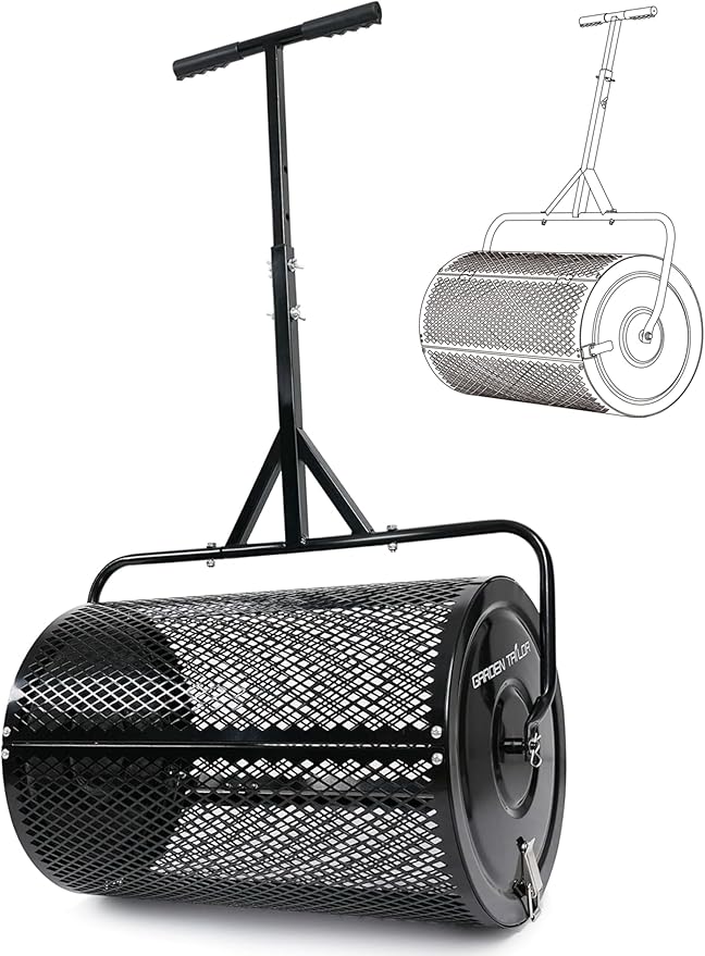 Compost Spreader 30 Inch Peat Moss Spreader with Installation Support Accessories, Metal Mesh Roller Lawn Spreader for Top Soil, Manure, Mulch, Top Dressing - Garden spreaders for lawns