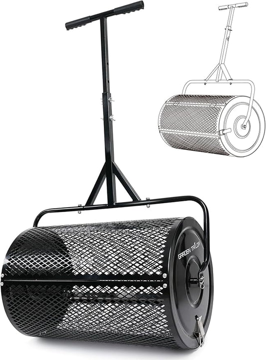 Compost Spreader 24 Inch Peat Moss Spreader with Installation Support Accessories, Metal Mesh Roller Lawn Spreader for Top Soil, Manure, Mulch, Top Dressing - Garden spreaders for lawns