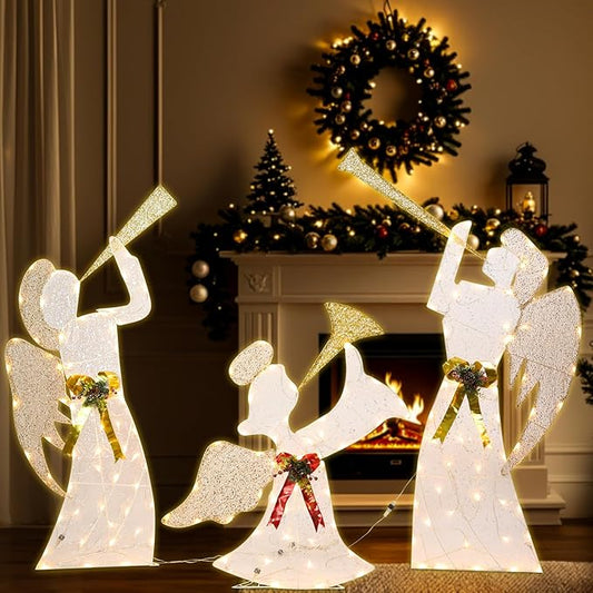 Christmas Outdoor Decorations Lighted Angel Family Set of 3 Christmas Warm Lights Outside Decor 5FT Angel with Trumpet, Outdoor Holiday Decorations for Home, Yard, Garden, Party