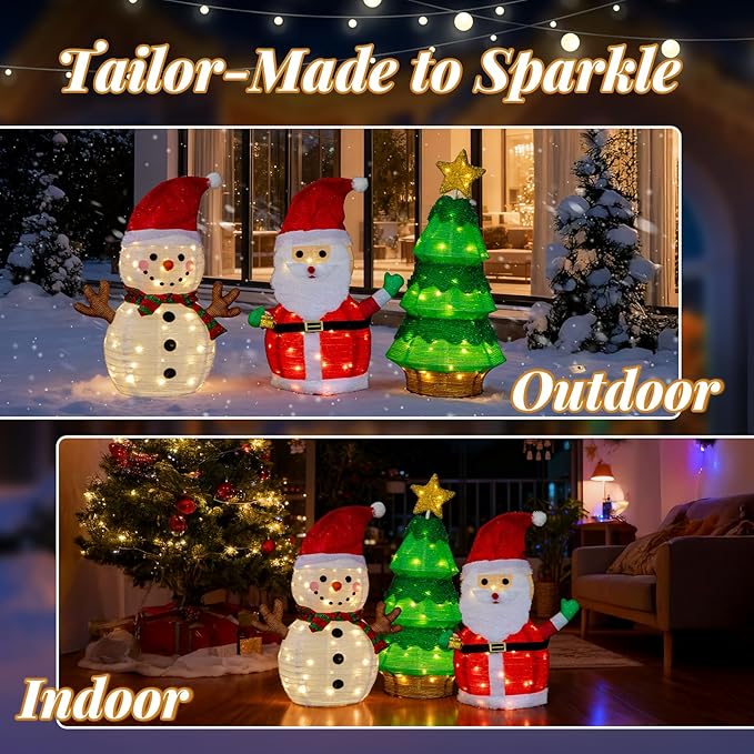 VINGLI 3 Pack 30" 30 Inch Lighted Snowman Santa Claus Christmas Tree Decorations, Prelit Multicolor LED Xmas Yard Lawn Porch Decor for Indoor Outdoor Holiday Winter Christmas Display Set pathway decor