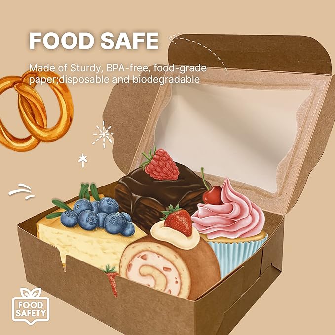 Bubbley Kraft Paper Bakery Boxes - 25-Pack Pastry Boxes with Window for Cookies, Chocolate Covered Strawberries, Macarons, and Muffins, Dessert Disposable Packaging, 8 x 6 x 2.5 Inches