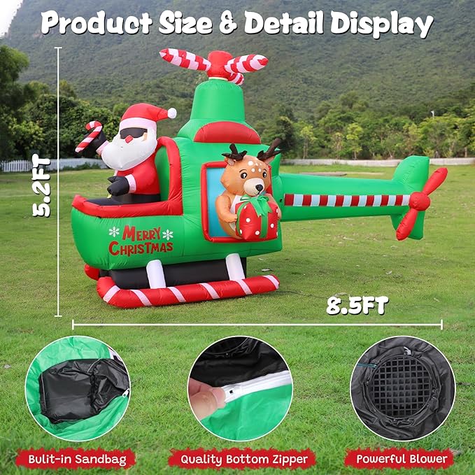 8.5 FT Long Christmas Inflatable Outdoor Decorations, Blow Up Santa Claus Helicopter with Bright LED Lights, Christmas Santa and Reindeer Flying Airplane for Xmas Decor, Lawn, Yard Holiday Party