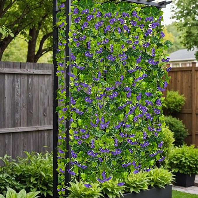 CISDUEO 2 Pcs Artificial Vines Silk Morning Glory Vines for Outdoor 15Feet Purple Hanging Plants Garland Fake Green Plant Morning Glories for Home Decor Wall Fence Stairway Wedding Hanging Baskets
