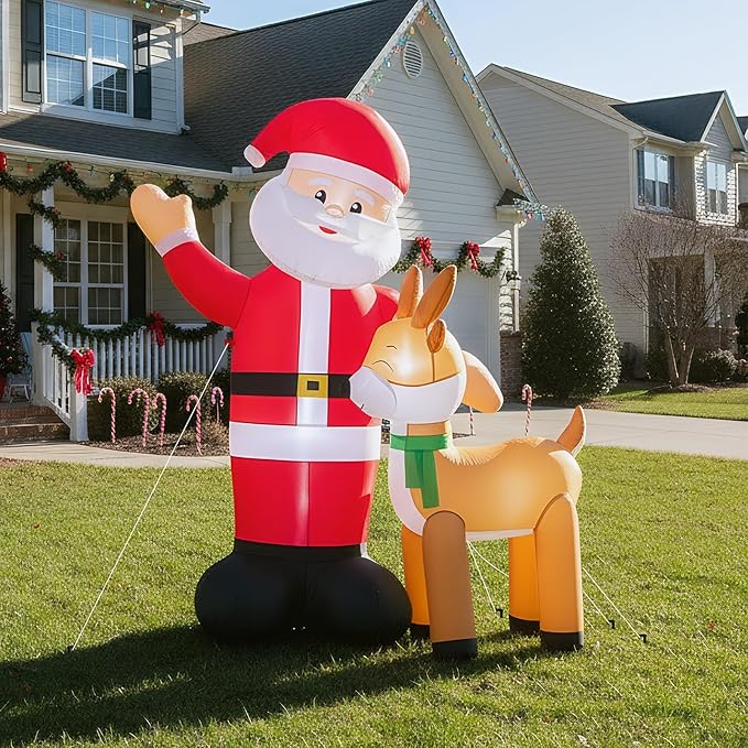 VINGLI 6ft Christmas Santa with Reindeer Inflatable, Inflatable Waving Santa Claus Reindeer Outdoor Decoration with LED Lights,Xmas Blow ups for Lawn, Garden, Holiday Decor