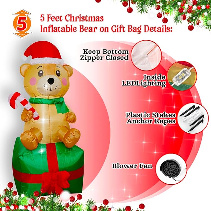 Christmas Inflatables Bear on Gift Box Lighted Yard Lawn Inflatable Decoration with Built-in Fan and Stakes Ropes Holiday Party Decor, Christmas Decor (5FT- Bear on Giftbox)