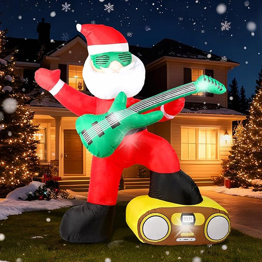 6FT Christmas Inflatables Decorations Outdoor，Blow Up Santa Claus with a Guitar with Built-in LEDs Lights for Indoor Holiday Party Yard Garden Lawn Décor