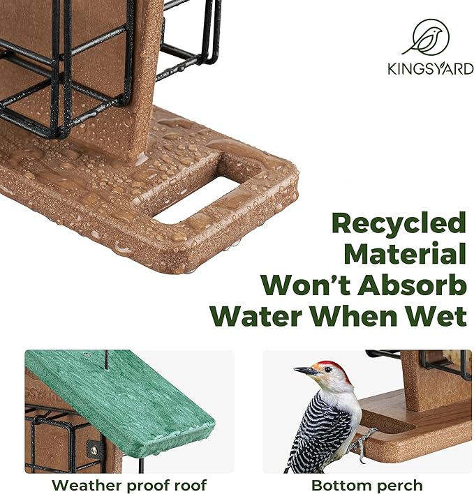 Kingsyard Recycled Plastic Double Suet Feeder with Rainproof Roof & Perch, Cage Suet Bird Feeders for Outdoors Hanging, Great for Woodpecker, Chickadee, Nuthatch (Green)