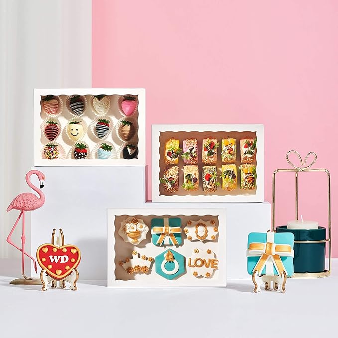 4PCS 10 x 7 x 2.5 inches Elegant Cookies Boxes, Strawberries Boxes with Display Window, White Paper Box