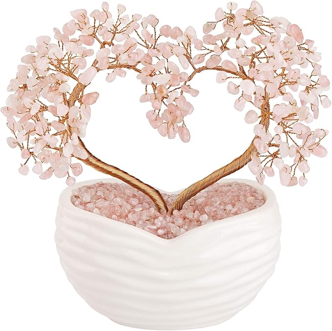 Jovivi Rose Quartz Crystal Heart Money Tree Healing Gemstone Bonsai Tree for Wedding Ceremony Reiki Balancing Energy Meditation Feng Shui Wealth & Good Luck Home Indoor Office Decor 7.87"-8.26"