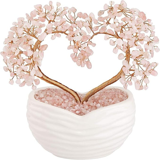 Jovivi Rose Quartz Crystal Heart Money Tree Healing Gemstone Bonsai Tree for Wedding Ceremony Reiki Balancing Energy Meditation Feng Shui Wealth & Good Luck Home Indoor Office Decor 7.87"-8.26"