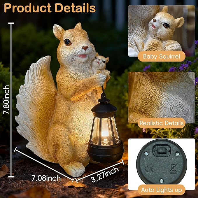 Solar Garden Decor Squirrel Statues - Squirrel Figurine Lawn Ornaments,Small Animal Garden Statues for Outdoor Yard Art Porch Patio Balcony Home House Decor,Birthday Gifts for Women Mom Grandma
