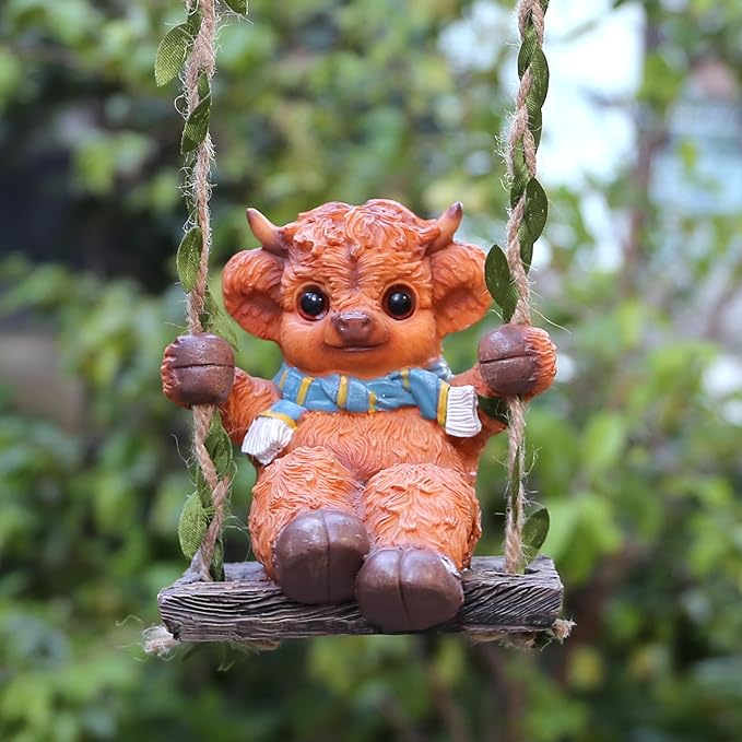 Swing Highland Cattle Statue 4.33in,Exquisite Garden Statue Decoration and Lawn Ornament,Outdoor or Home Decor,Easter Decor