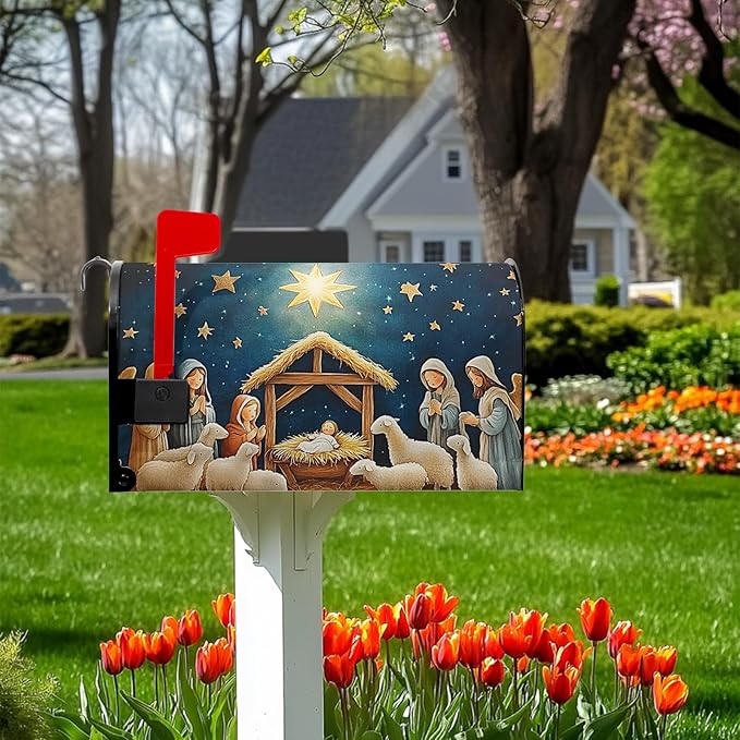 Christma Nativity Mailbox Cover Merry Christma Mailbox Covers Magnetic Standard Size 21x18 inch Winter Star Mail Box Wrap Decorative Mailboxes for Outside Garden