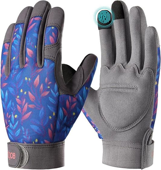 COOLJOB Medium Gardening Work Gloves for Women Ladies, Thorn Proof for Rose Pruning, Cactus Handling, Blackberry Bush Planting, Puncture Resistant Anti-Slip Flexible, 1 Pair M Blue Flower