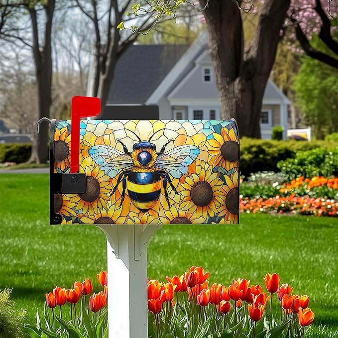 Summer Mailbox Covers Magnetic Standard Size 21x18 in Bee Mailbox Cover Sunflower Decorative Mailboxes for Outside Garden Yard Floral Flower Post Letter Box Cover Wrap