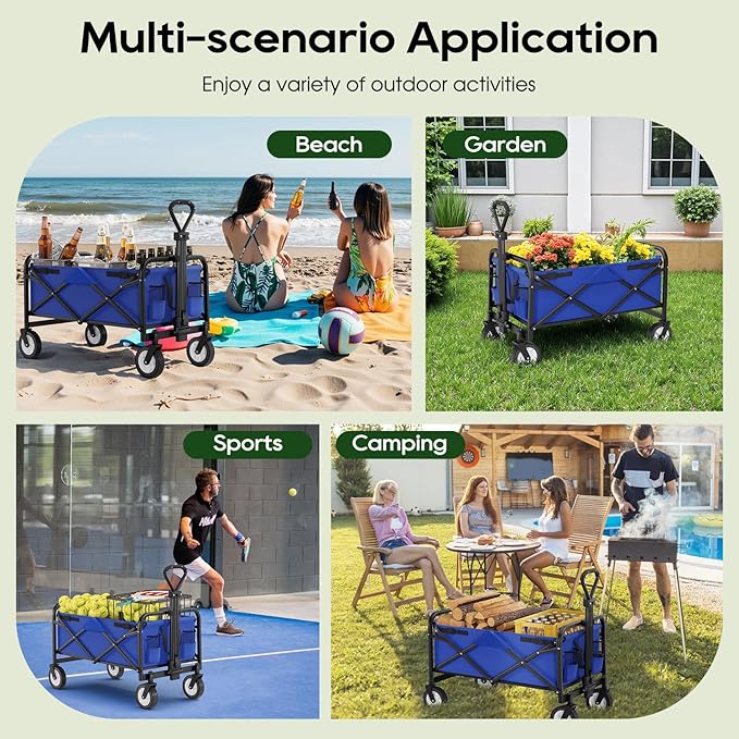 PayLessHere | Collapsible Wagon Cart with Wheels | Blue | Heavy Duty Foldable Utility Cart with 330 lb Capacity | with All-Terrain Wheels & Adjustable Handle for Outdoor, Garden, Beach, Shopping