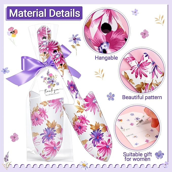 Capoda 12 Sets Floral Garden Shovels Bulk Gardening Gift for Women Thanksgiving Garden Tools Floral Hand Heavy Duty Trowels Thank You Cards with Bags for Christmas Mom Birthday Teacher(Purple,Elegant)
