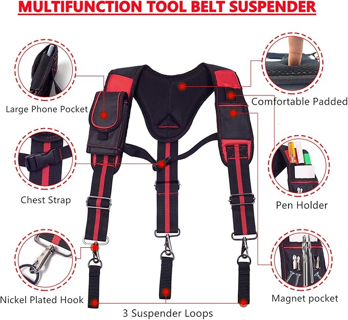 AISENIN Tool Belt Suspenders Construction Work Suspenders with Magnet Pocket, Large Moveable Phone Holder, Pencil Holder