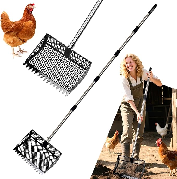 XOTTI 12 Inch Large Chicken Poop Scooper & Rake 2-in-1, Metal Chicken Coop Scoop with 36 to 75" Adjustable Stainless Steel Handle, Durable Sand Litter Sifting Shovel for Farm Animals