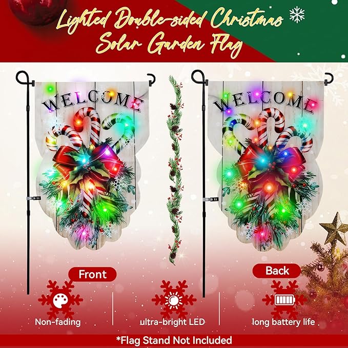 Lighted Christmas Garden Flag - 18x13-inch Waterproof Outdoor Christmas Decoration with 24 Glow-in-The-Dark LED in 8 Patterns, Perfect for Yard, Porch, and Lawn Decorations