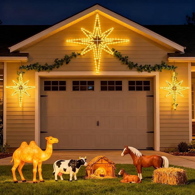 Outdoor Christmas Star of Bethlehem Large LED Star Window Plug Operated Lighted for Xmas Wall Window Indoor Outside Home Street Store Holiday Decorations(50'',Warm Light)