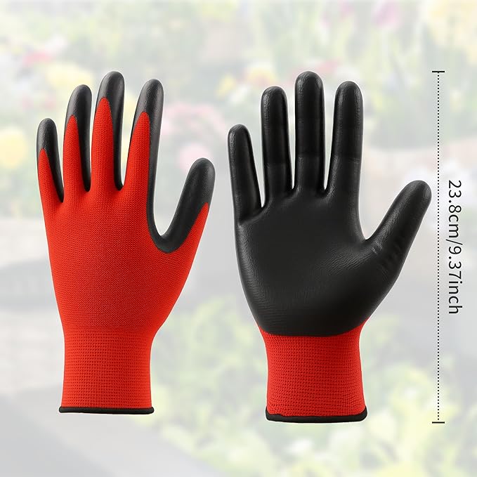 DF DUALFERV Gardening Gloves for Men, 24 Pairs Black & Red Breathable Rubber Coated Large Outdoor Yard Gloves with Extended Elastic Cuffs and Stretchy Fabric for Gardening, Construction, Machinery