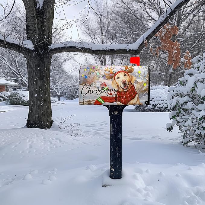 Merry Christmas Mailbox Cover Xmas Dog Oversized Post Letter Box Covers New Year Golden Retriever Magnetic Waterproof Mail Wraps for Winter Framhouse Outdoor Decor Large Size 21 * 25.5 Inch