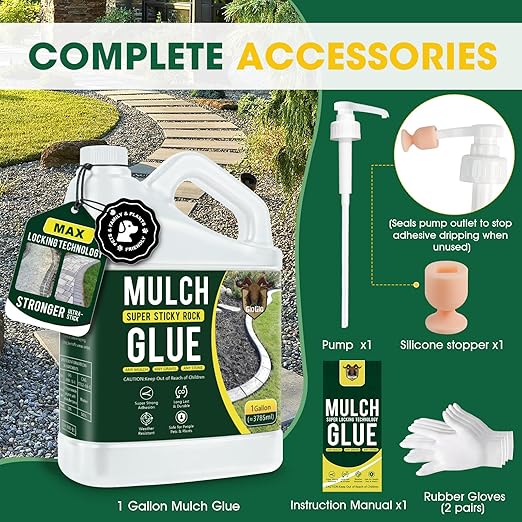 GloGlo Mulch Glue 1 Gallon, No Dilution Needed Ultra-Stick Rock Glue for Landscaping, Gravel Binder Non-Toxic Rubber Mulch Lock Adhesive, Heavy Rain Windproof for Gardens, Pea Gravel Stabilizer