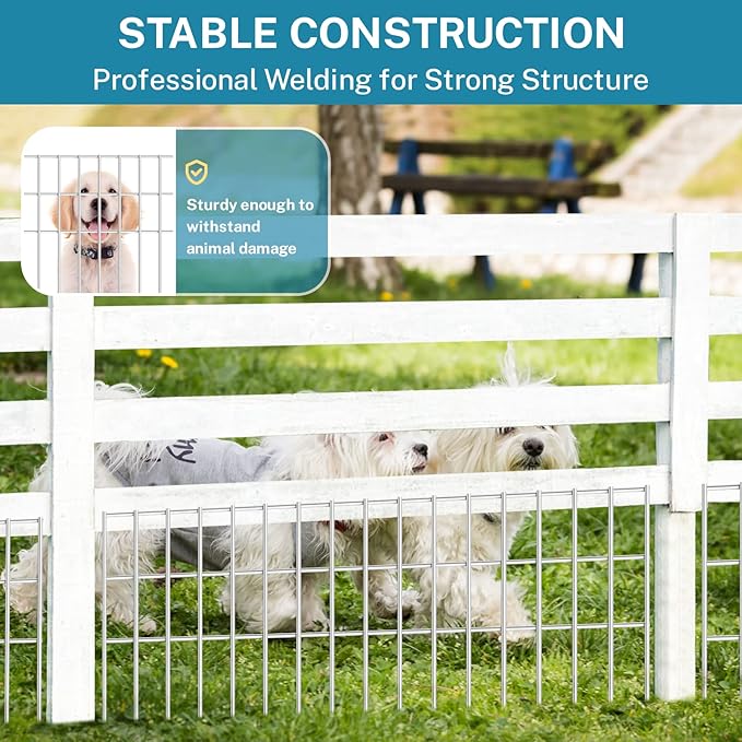 15 Pack 24in(L) X 15in(H) Small/Medium Animal Barrier Fence, 5.5mm Heavy Duty Rod with 1.5" Rod Gap, Dog Rabbits Fences Metal Fence Panel Ground Stakes for Outdoor Patio. Total 30Ft(L)